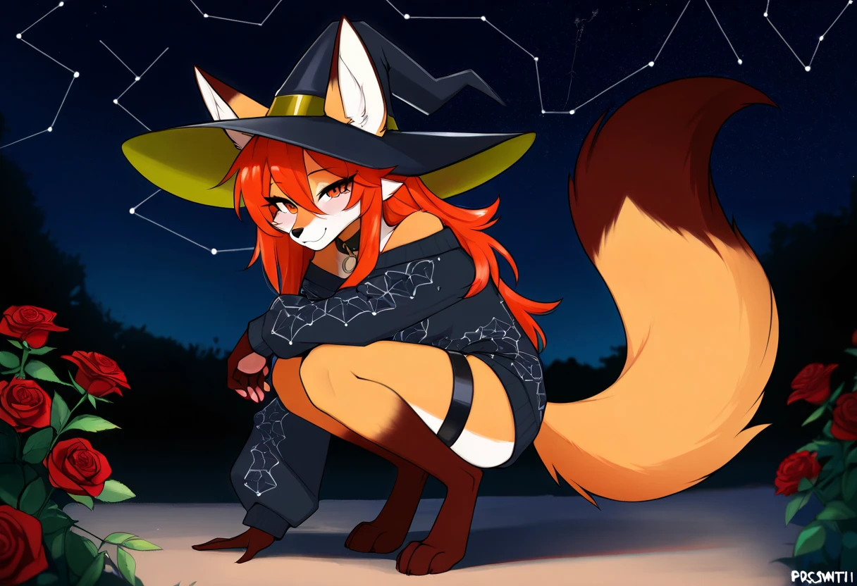 uploaded the e621, beautiful and detailed, woman (((female))) ((anthro)) Fox, (Averi, Fox girl), cinematic lighting, Fox, (anthro, fluffy fur), anthro fox girl, body fur, curvy, sexy, nice, cute, hot, comfortable anime-style cartoon-style, digital drawing, SFW, flat chest, green eyes, nervous smile, sassy, sassy hips, smug, fangs, looking at viewer, night, wizard hat, striped thigh highs, striped thigh highs with blue stripes, wet fur, behind view, looking back at viewer, sitting on a broom, broom, riding a broom, flying, in mid air, witch's broom, riding a broom like a witch, crossed legs, sitting elegantly, sitting with legs crossed