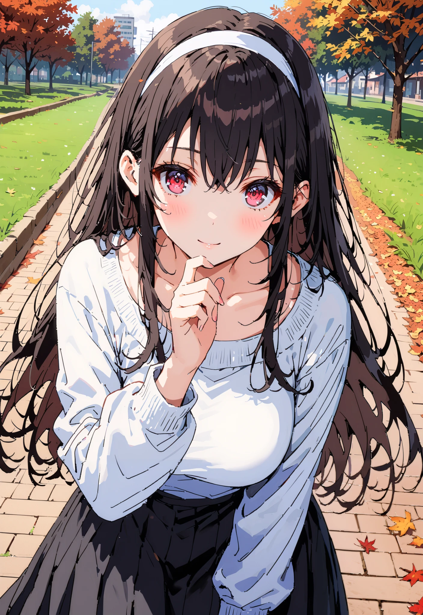 score_9, score_8_up, score_7_up, source_anime, Uta ha Kasumigaoka, black hair, white headband , long hair, red eyes, Big Breasts,smile,blush,close your mouth,white one-shoulder sweater,Black long skirt, Bbo~,autumn leaves,autumn,Trail,Walking,noon,full bodyがイラストに入るように, break outdoors, garden,
break looking at viewer,full body,
break (masterpiece:1.2),Highest quality , kampala, Unity 8K Wallpaper ,(shape:0.8),( fine, beautiful eyes :1.6),It's a person ,full body写真,CG Details , ( perfect hands, complete anatomy),