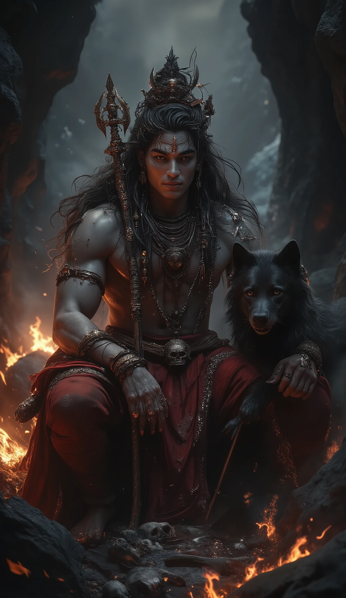 ((Very Tall and big)), hyper detailed and perfect Portrait of Lord Shiva ,very handsome fierce expression,ferocious look, looking at me, head down, (((fierce expression on face))), young, ((long black floating hair, wearing red robes))) ((red robes))) ((perfect skull garland)), holding his trishul((trident)) ((perfect trishul)) , sitting on a rock in a cave with his pet dog (((black ferocious big dog))) cave theme, dark background, dreamy dark environment, dark dreamy atmosphere, fire in bg, smoke in foreground, skulls spreaded here and there ((skulls)) uhd, shot taken by Sony 55 mm lens, with f -1. 2, sharpness -1. 2, 32k resolution, 8k quality, ultra high definition, uhd, niji express, niji mixed realism, perfect shoot,