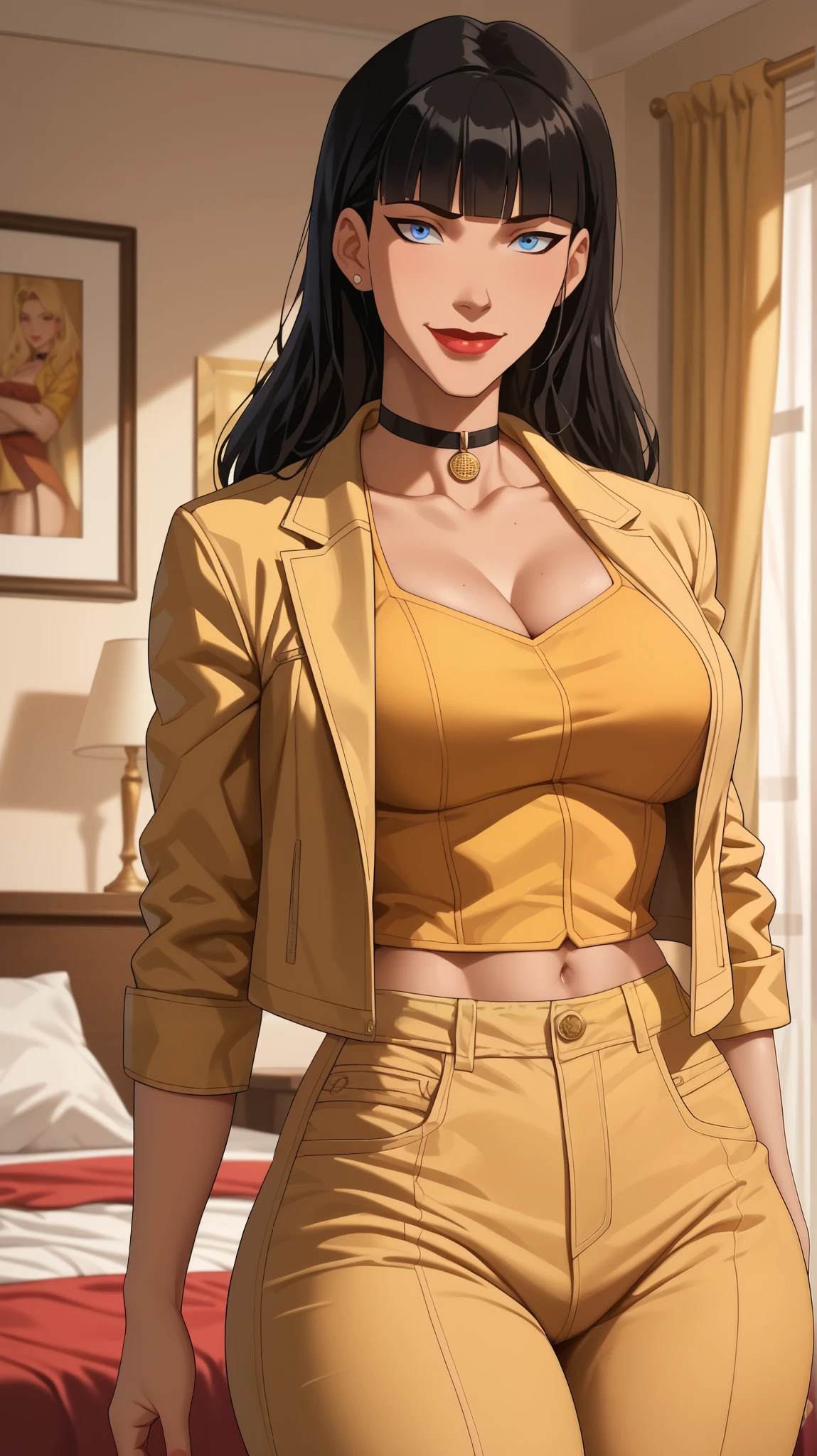 Score_9, Score_8_up, Score_7_up, Score_6_up, Score_5_up, Score_4_up, Source_cartoon, Tag1, Tag2, Quality_masterpiece, Anatomically correct, Beautiful face, Perfect face, Highly detailed beautiful face and eyes, Attractive face, Detailed face, Delicate facial features, Detailed skin, Wide hips, Huge butt, big butt, Thick thighs, Mature female, Bedroom eyes, Perspired BREAK Rating_safe, high, motherly face, bedroom, sultry woman, detailed eyes, looking at viewer,  mature female, young, sexy body, beautiful face, standing, Zatanna, long hair, blunt bangs, yellow crop top, yellow jeans, yellow leather jacket,  choker, bedroom, indoors, smiling, closed mouth, red lipstick, large breasts, happy expression, blue eyes, black hair, open jacket 