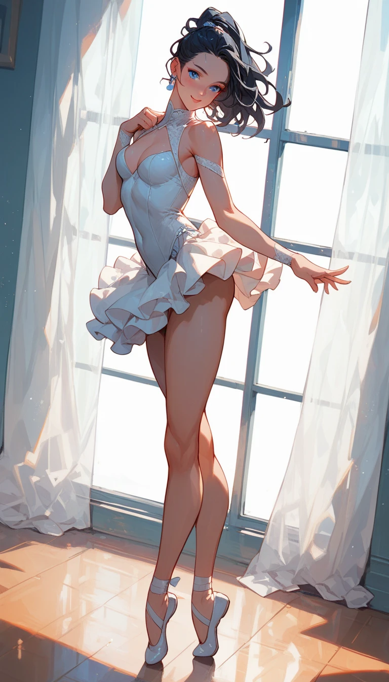 1 girl, natural lighting, Masterpiece, Very detailed, illustration, CG game, absurdities, high quality, medium breasts, redhead, Slightly curly hair, Horse tail, parts, bright lips, looking at the viewer, lips parted, clavicle, (((ballet dancer, sleeveless leotard))), (Cold), session, (Bended knees:1.3)