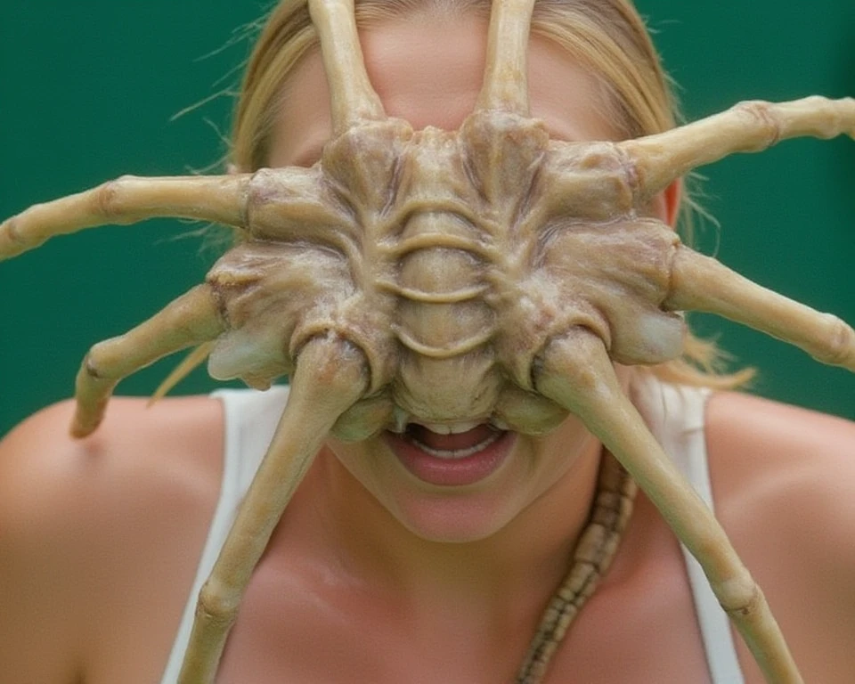 Female tennis player is being attacked by face-hugger。
 she is screaming in so much pain。
She has wide open thighs。
フェイスハガーが彼女の顔に噛み付いている
実写風
tearsを流しながら助けを求めている
号泣，tears