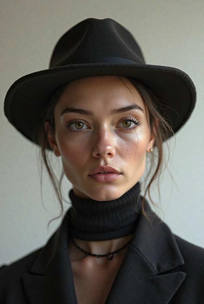 Photograph of a 20-year-old woman, perfect face, masterpiece, hea, no underwear, black_hea, jacket, black_panties