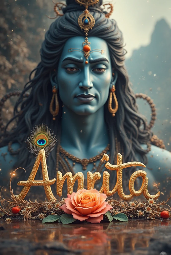 "Generate an image with a glossy green background, featuring Lord Krishna with multiple wings (Pankh) emerging from his back. On each wing, write my name 'OMKAR' in bold, silver 3D font. Additionally, place a silver 3D flute in the foreground, intricately designed with engravings. The flute should be positioned as if Lord Krishna is playing it. Ensure the wings, name, and flute have a metallic silver finish with subtle reflections, giving a luxurious and divine appearance."