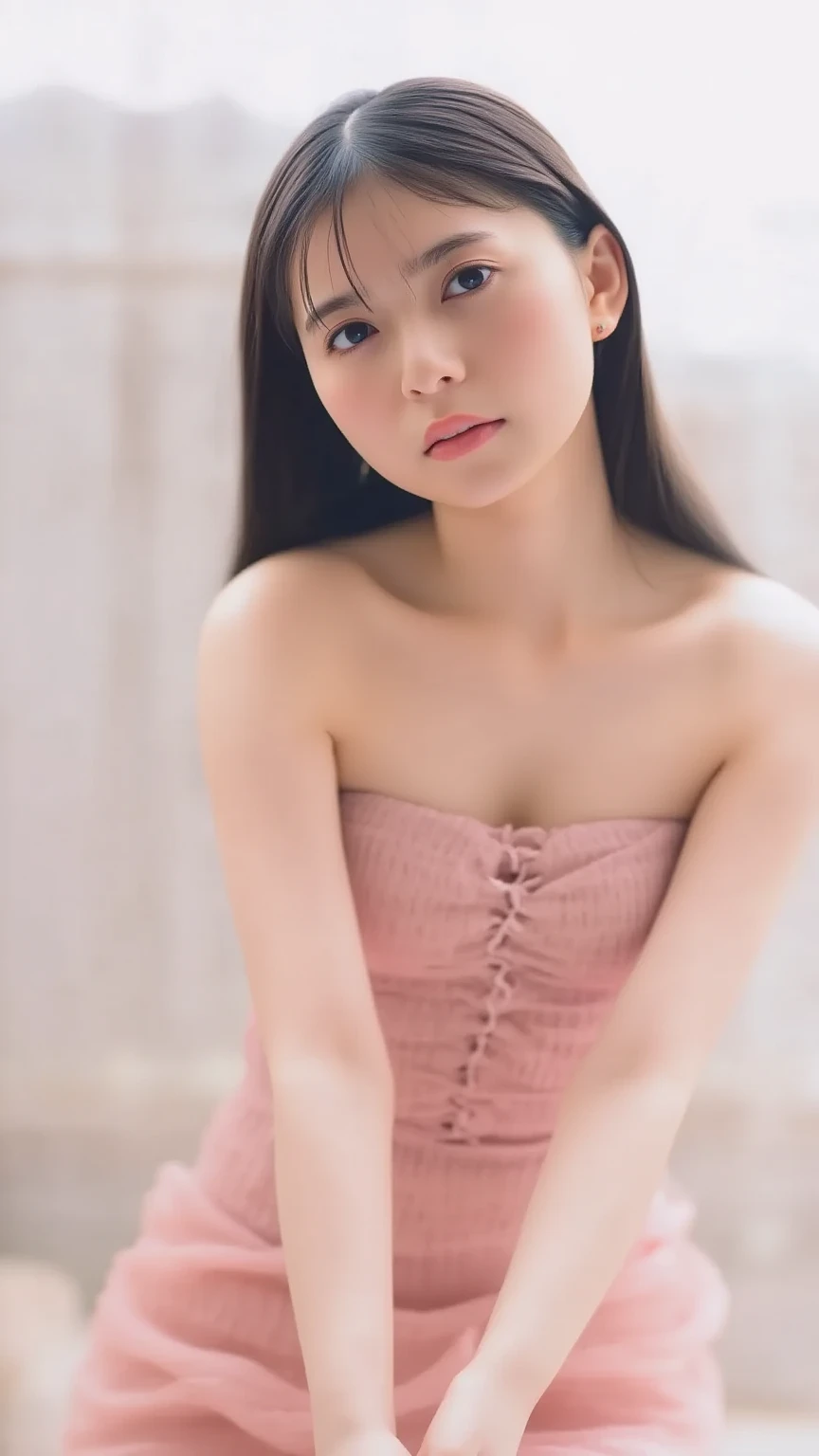 (best quality), (ultra-detailed), (llustration), (detailed light), (an extremely delicate and beautiful), ung girl, brown hair, brown eyes, model, bare shoulders, best quality, extremely detailed CG unified 8k wallpaper, High-definition raw color photos, professional photograpy, (((Bokeh))), depth of fields, twilight, sunset,