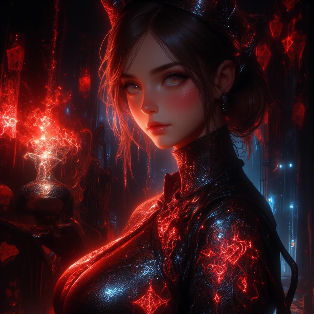 <lora:GlowingRunesAIV6:.8>, GlowingRunesAIV2_red dress on a woman, smiling
