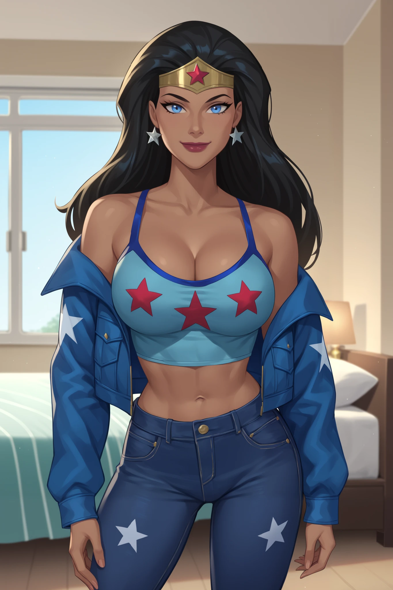 PonyXLV6_Scores BREAK ((parody), perfect anatomy, perfect eyes, cowboy shot), BREAK diana prince, long hair, black hair, blue eyes, lipstick, dark-skinned female,  ((looking at viewer)), bare shoulders, cleavage, jade blue jeans, jade blue leather jacket , jewelry, star earrings, tiara, star print, large breasts, curvy, toned, athletic, bedroom, indoors, jade blue crop top,  standing, happy expression, smile, closed mouth, open jacket 