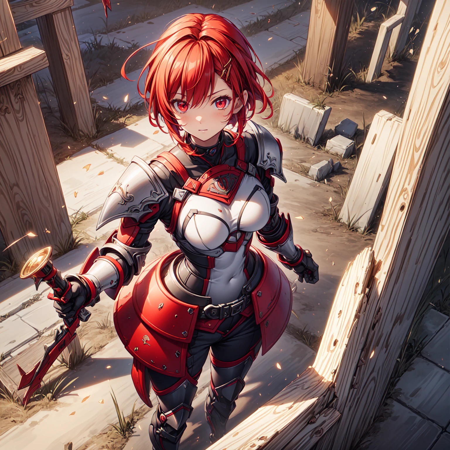最high quality、high quality、Simple Cloth Armor、10Year-old girl adventurer、Equipped with a weapon that has a short chain at the end of a stick and a spiked iron ball at the end of the chain、In a dark maze、Red armor