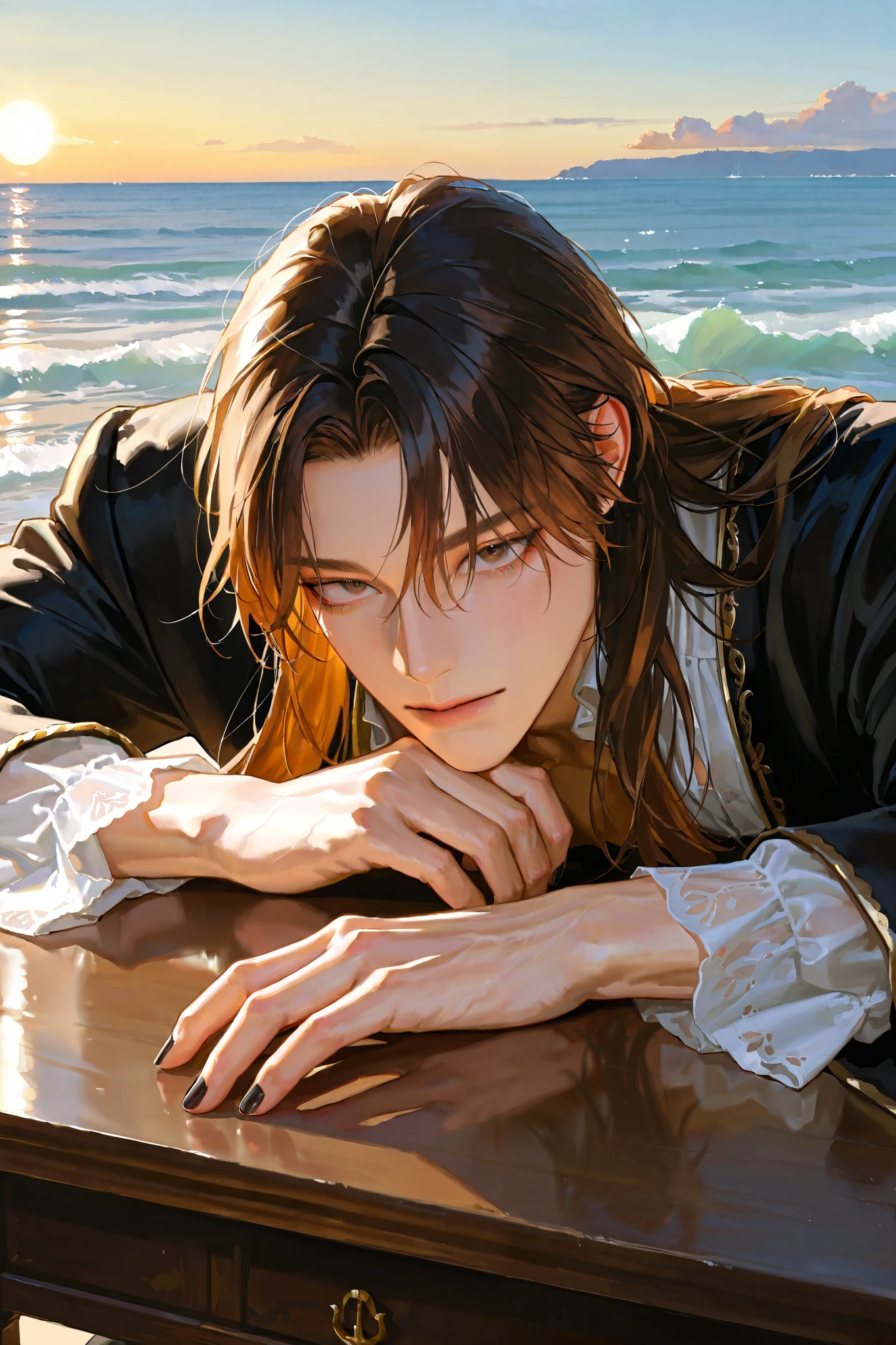 Cold Face ,middle-aged male, handsome, Lying, 1명의 man, male-centered, handsome man, Thick painted , black nail polish , Perfect Eyes , semi-realistic art , semi-realistic art style, Expressive Brushwork, vibrant brushstrokes, Impressionist painting , Realistic Skin, realistic hair , realistic details , Photorealistic, high details, pirate, long hair, brown hair on the desk, long hair, ocean, Delightful, alone, pirate모자, Middle Ages, man, fancy clothes, muscular, tendon gland hand