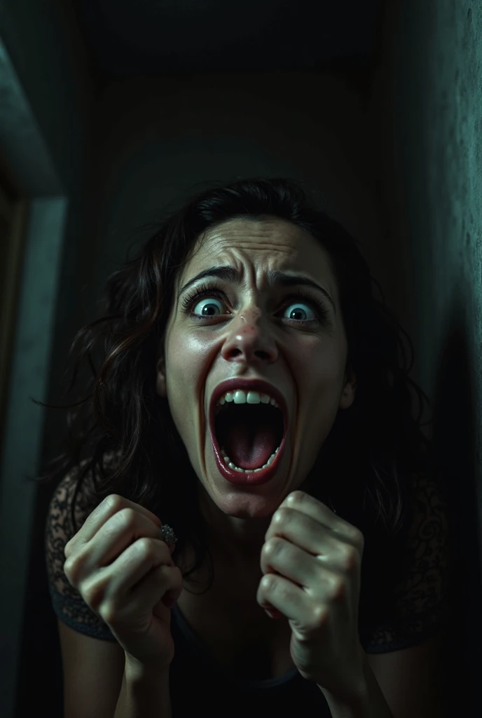 Woman with a crazy face, inside a house of terror 
