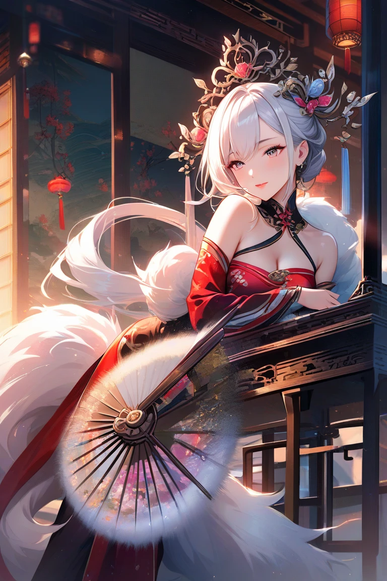 lying on bed, aroused, necklace, earrings, full body, long white hair, white kimono, superb, ultra-high-definition, RAW photo, realism: 1.25), (bright lip gloss, long eyelashes, smooth face, bright skin, natural shadows, wide light, wide light, depth of field, strong colors, subtle caustics: 0.8), smile, (big tits), v6