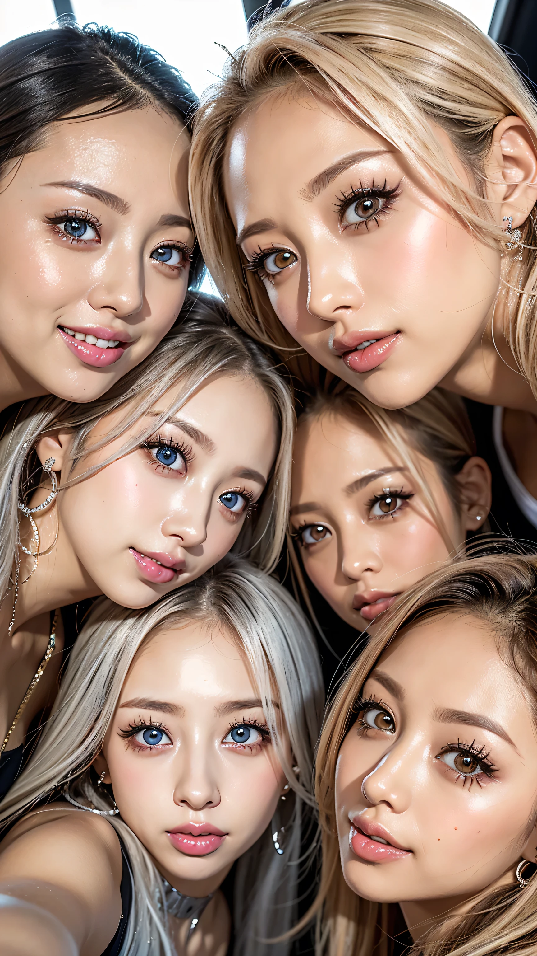 8k,high definition、    ultra clear   、  eyes match 、is staring at me、 I'm watching a close-up。My Face  、   すべての  eyes match、   click here、I want to get close to beautiful women nearby 、   big nipples , huge nipples,Look at me with a smile              、vision、              Beautiful platinum colored hair                             、                pose                                                  、                                            4 beautiful women look at our beautiful long legs from an angle                                   、   I'm watching in close-up、I want to make eye contact with everyone, My lips stick out                