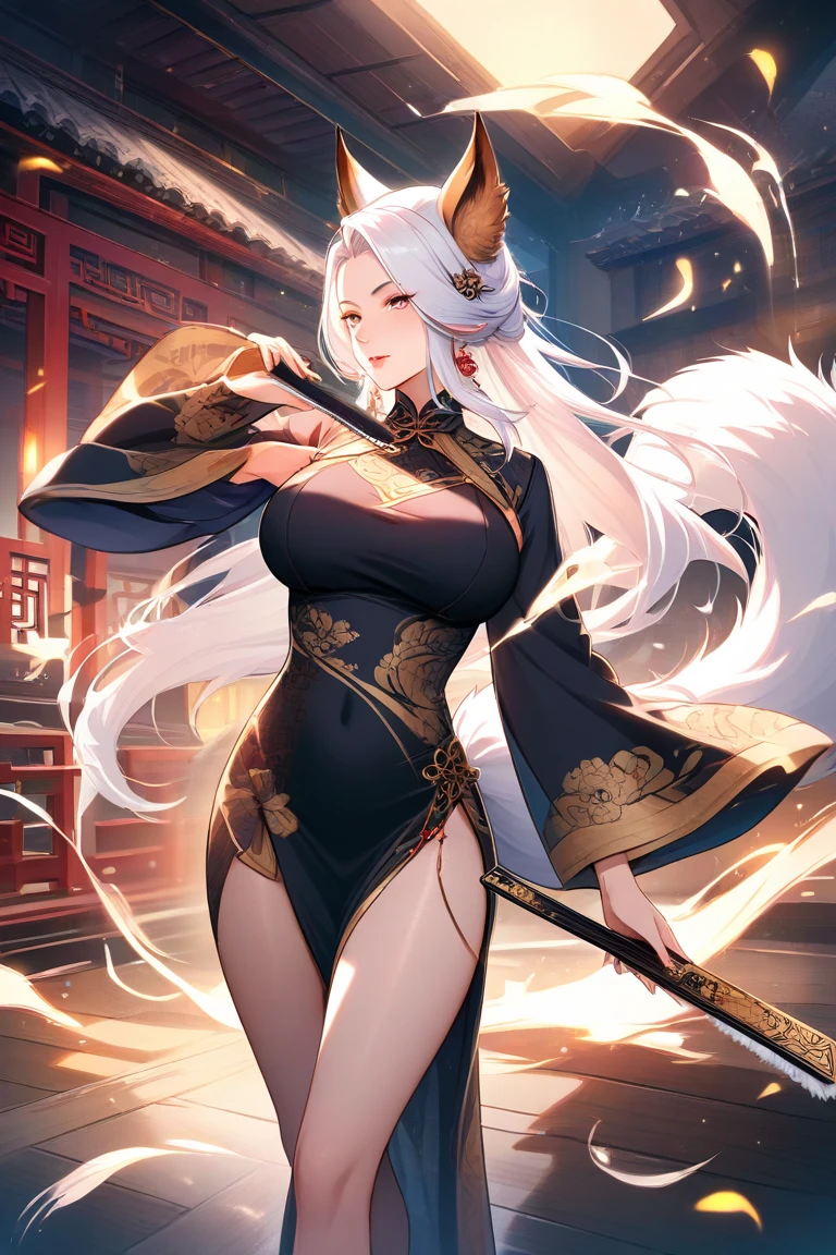 Adult woman, short white hair, Fox ears, Fox tails, golden eyes, black whites of the eyes, kimono, ssmile, Masterpiece, hiquality