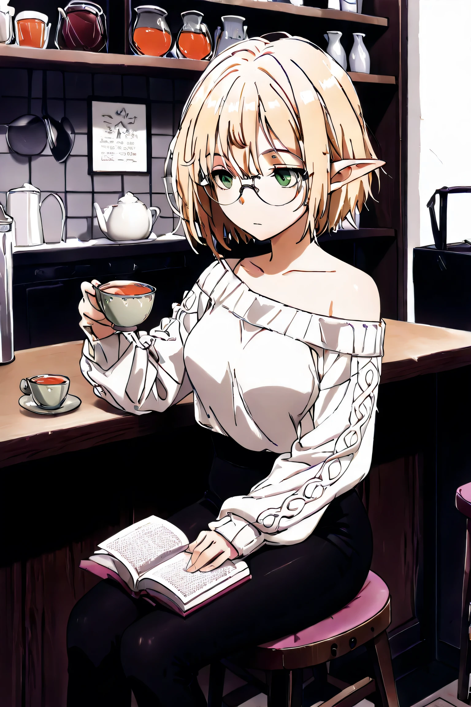 score_9, score_8_up, score_7_up, 1girl, (solo: 1.5) , solo_focus, "Light_elf, (Sitting_on_stool_holding_tea_cup: 1.5), (reading_book: .9), (Emotionless: 1.3), (light_skin: 1.2) (Very_Short_blonde_hair: 1.6), (green_eyes: 1.2), (medium_breasts), (slim_figure: .8), (big_butt: .8), (tight_waist: 1), (Form_fitting_black_yoga_pants: 1), (round_glasses: .9), (Off_shoulder_sweater: .8), ," 4K, masterpiece, high_detail, (modern_kitchen: 1) (place), cowboy_shot, Volumetric_lighting, amazing_eyes, Best_eyes, best_lighting