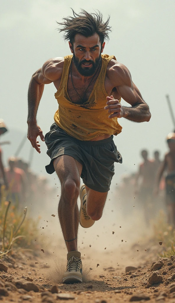The Philistines, running in desperate fear with lots of dust and people crying