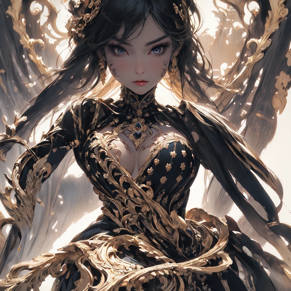 beautiful asian teen woman with black hair, detailed face, piercing black eyes, full lips, long lashes, porcelain skin, elegant dress, graceful pose, cinematic lighting, dramatic shadows, vivid colors, photorealistic, 8k, high quality.