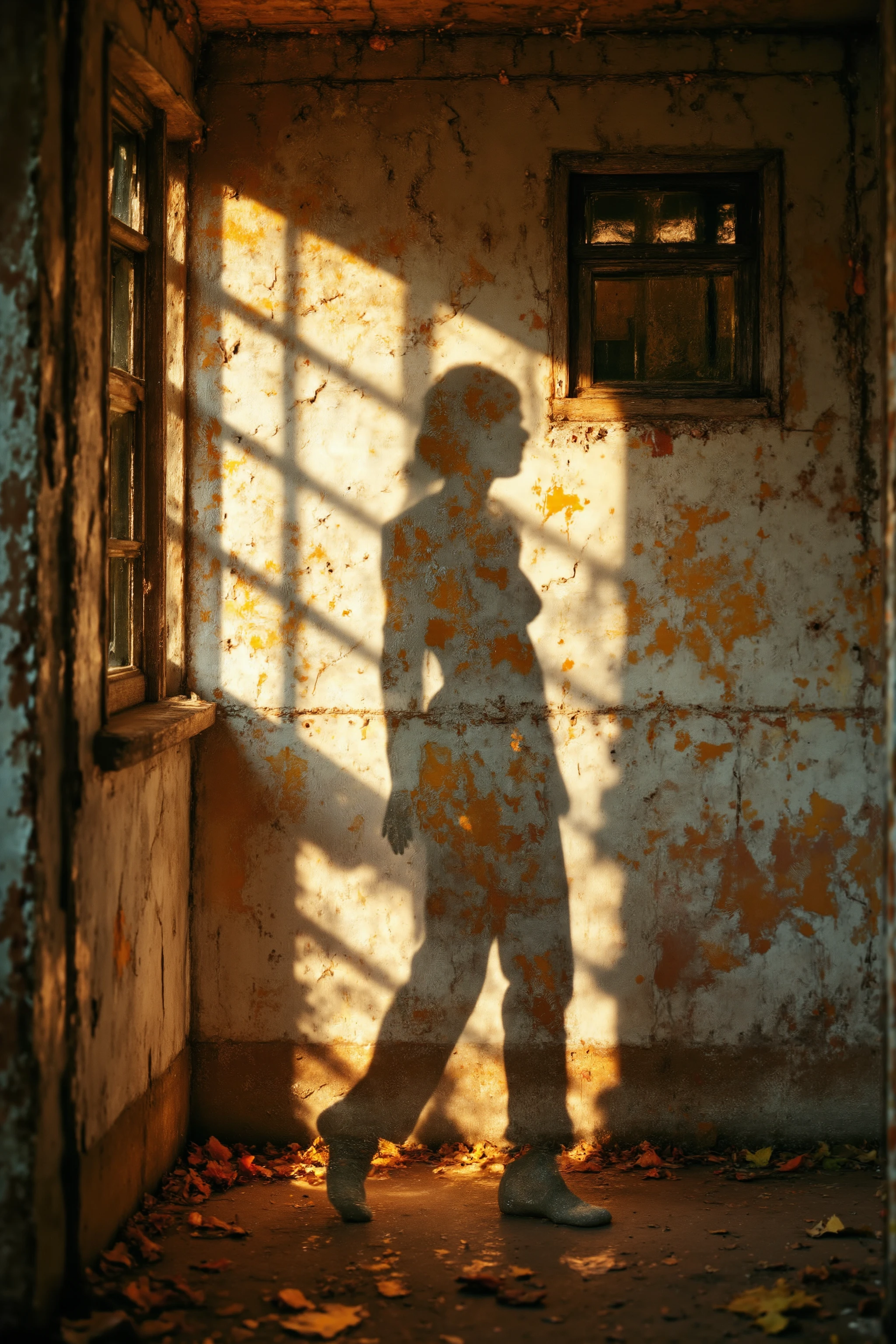 A hyper-realistic depiction of a shadow cast on an aged, textured wall, the shadow forming an ambiguous, dreamlike figure, reminiscent of Meret Oppenheim's uncanny still-life surrealism and Jerry N. Uelsmann's layered photomontages. The wall’s cracked surface and peeling paint create intricate patterns, while diffused, golden autumn light filters through unseen windows, casting the shadow in sharp, distorted focus. The scene carries David Keochkerian's ethereal quality, with surreal, contrasting colors illuminating the wall, making the shadow seem alive, dancing between reality and illusion. The perspective is ground-level, worm's-eye, emphasizing the vastness of the wall and the fleeting, impressionistic play of light and shadow, creating an atmosphere of haunting, sublime beauty, rooted in the illogical logic of Surrealism. Created Using: slow shutter photography effect, hyper-realistic texture mapping, surrealist art principles, dynamic light contrasts, soft focus edges, layered photomontage techniques, ethereal color grading, and impressionistic light play, hd quality, natural look.
