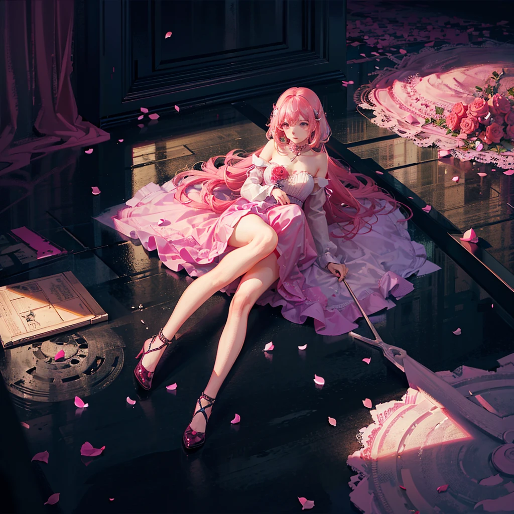 the bride，Full body in camera，full bodyesbian，（tmasterpiece），（best qualtiy），（A pink-haired，long whitr hair：2，White flower decoration，White hairpin），（lacepantyhose，White panty hose，stocklings，Full body pantyhose），（white wedding gown，Wedding dress），（panties are visible：1.5，Pink panties），pink necktie，cherry blossoms print，Holding a bouquet of flowers in both hands，white long gloves，Cross pendant necklace，（cuteexpression，ssmile，Playful），heart - shaped pupils，The eyes show love，Loving eyes，（Be red in the face，putting makeup on， Blushlush），（White high heels，Pink cherry blossom decoration），Dimly lit church，Faint candlelight，Dim candlelight，SakuraNS， the night，have to pee，Pee，pissing，Pee yourself，Top lighting，16k，High- sharpness，high qulity，wide wide shot，Bright colors