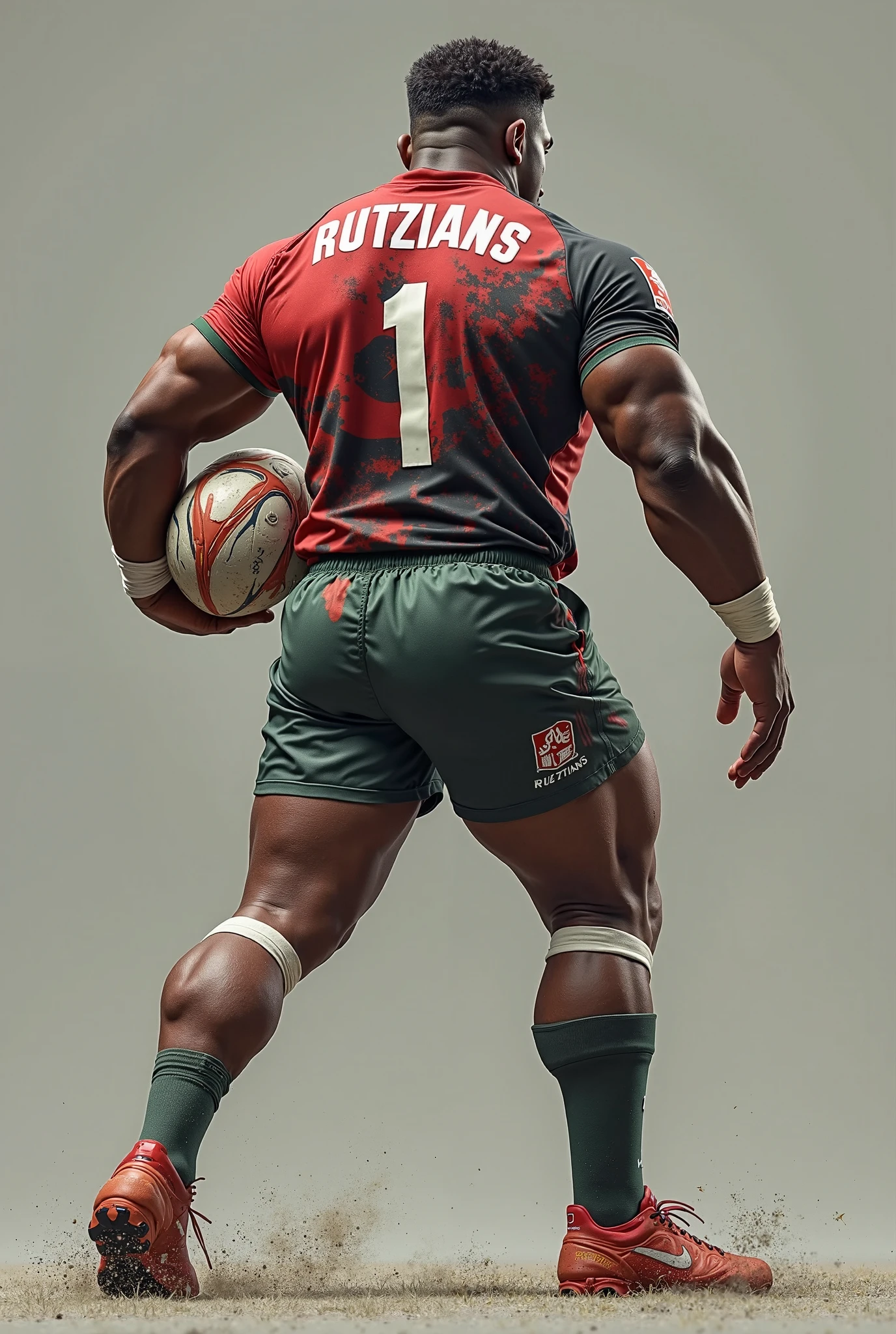 A black rugby player with the colour red black white and green and on the back it says rutzians with the number 1 on it and he is holding a ball