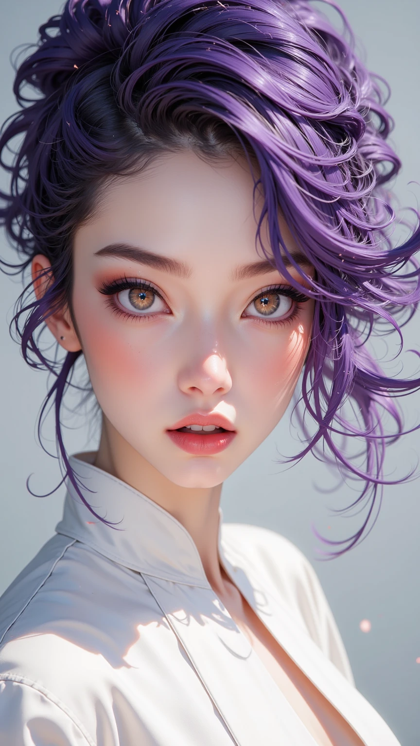 A sophisticated midlife hybrid supermodel,with flowing purple curls and charming brown hazel eyes。wears a fashionable hairstyle of Japanese former Liu Hai and Princess Chapa,with elegant side hair around her intense gaze。wears a white avant-garde and serene outfit。