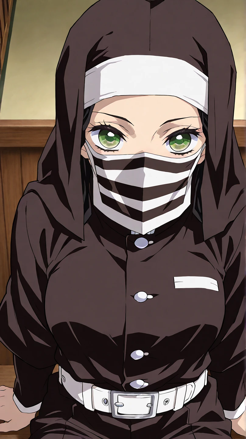 (masterpiece,Highest quality,Ultra-high resolution),(Perfect Face, Perfect body、Perfect hands),anime screencap,KakushiSDXL,独奏,looking at viewer,long sleeves,1girl,green eyes,belt,pants,black pants,covered mouth,White Belt,demon slayer uniform,mouth mask,nun,mask,(Straddle a man、blush,Cowgirl、sex position)