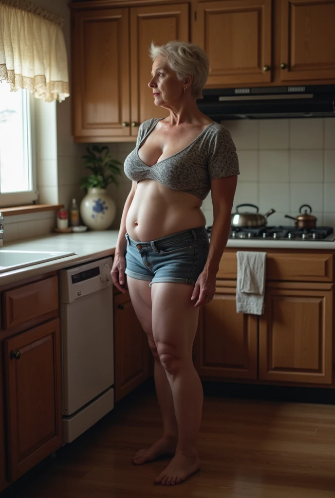 A 65-year-old Black Brazilian woman, Obese, thought 65 kilos, with 160 height and wearing glasses and flip-flops in a simple room, strong features face and expression lines, is captured full-length standing next to a stove in a humble kitchen. Her saggy breasts are very large, size 60 and natural and she is completely naked showing her natural body and outgoing personality..