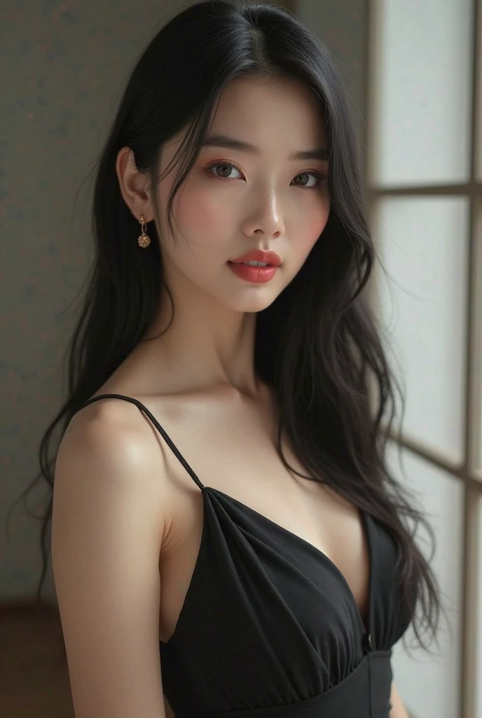 Photo of a realistic girl with long, flowing light hair, radiantly dressed in a beautiful sexy black dress featuring an elegant neckline and open shoulders. The background is beautifully lit with candles, creating a warm and inviting atmosphere. enhancing the detail and visual impact of this masterpiece.beauty face, detailed face
