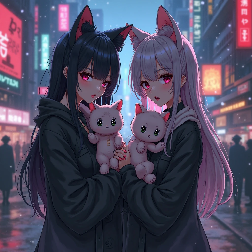 Silver hair, pink eyes, body, cat ears, woman, happy face, pet cat, cats in background, cats, pink clothes
