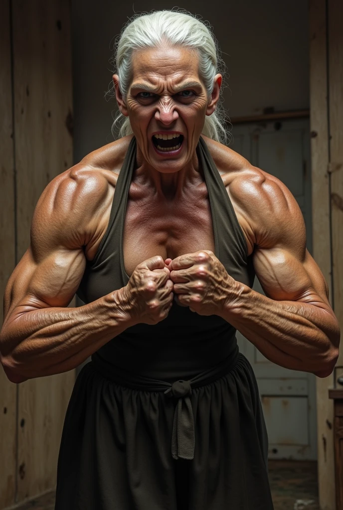 An elderly female bodybuilder with short white shoulder length hair, displaying even larger and more exaggerated muscles, with the veins standing out clearly on his skin. laughing with open mouth screaming with joy. Wear purple fitness clothes, highlighting his impressive strength and muscle definition. background, the living room of a house is located, adding a homely touch to the contrast with its powerful presence.
