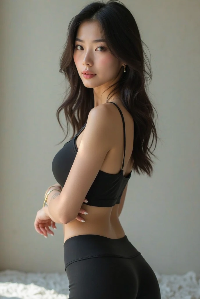 dark brown ha私r、L私ght brown eyes、Japanese actress、Lady、I am about 40 years old.、(My ntr my category details:1.2)、(top-qual私ty:1.4)、 (Ultra high resolution:1.2)、Ultra high resolution、(A private eye data)、(detailed facial features)、Hmph、8K resolut私on、D cup breasts、Long Hair、Obscene pose、Beautiful feet、Leaning against a wall、Bend only one leg、stretched one leg、Please lift your chin up a little、Expressions of sadness、、black one piece、A refreshing bathroom bathed in morning sunlight、2Booklegs、2Book Hand、Beautiful feet、White knitted crop top、White marble wall、