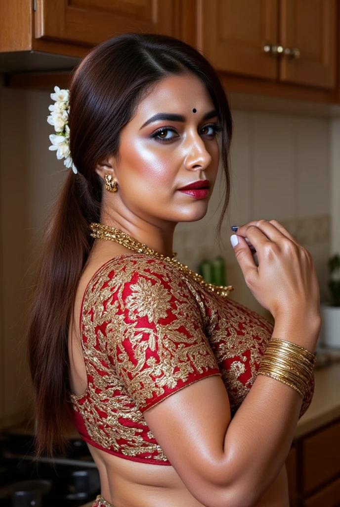 a close up of a woman wearing a red and orange sari, traditional beauty, assamese aesthetic, with lovely look, inspired by T. K. Padmini, traditional makeup, indian girl with brown skin, wearing a steampunk sari, with professional makeup, dressed in a sari, wearing bihu dress mekhela sador, indian, indian style, wearing a sari