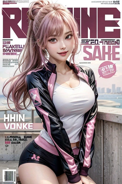 Best quality, Works of masters, A high resolution, 1girl, Super beautiful face, super beautiful eye, Super beautiful pink mohawk hair,(MagazineCover:1.2),Trendy Harajuku-inspired rock outfits,Expose shoulders, accentuated super huge enormously gigantic , cleavage showing, short pant