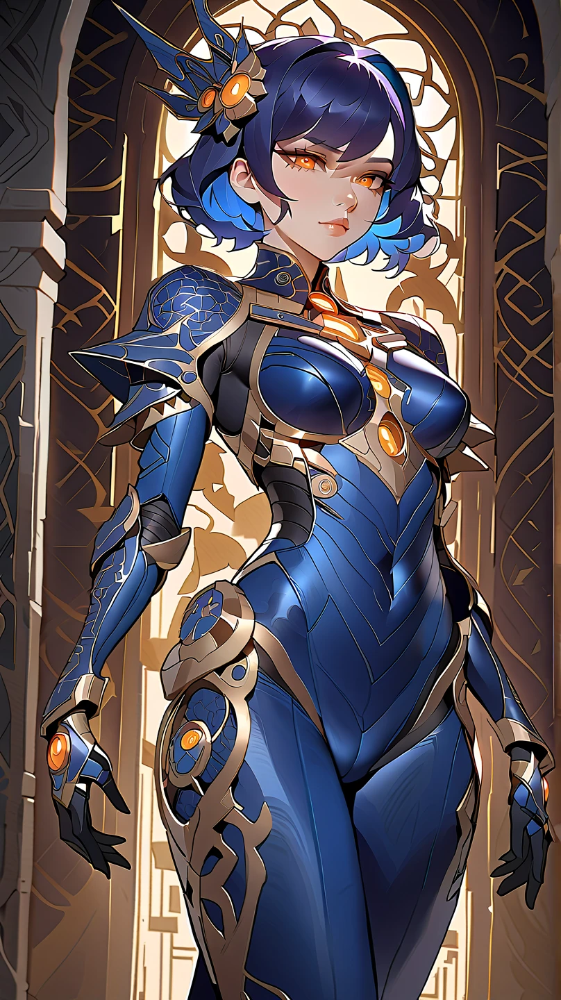 4K, Masterpiece, A high resolution, absurderes,, Thunderball, A woman in blue and gold armor ,wearing edgThunderstruck_Armor, electrified, weilding thunder,