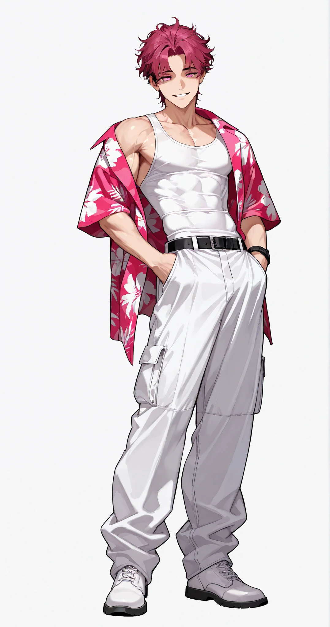 1 boy, fit, very handsome, short hair, wavy red hair, middle part hair, under cut, middle part hair, defined pink eyes, cold eyes, smiling, sexy body, muscular body, slim waist, white tank top, black, oversize Hawaiian shirt falling off, white baggy cargo pants many pockets, belt, wrist, bands, model pose, short white boots, full body plain white background