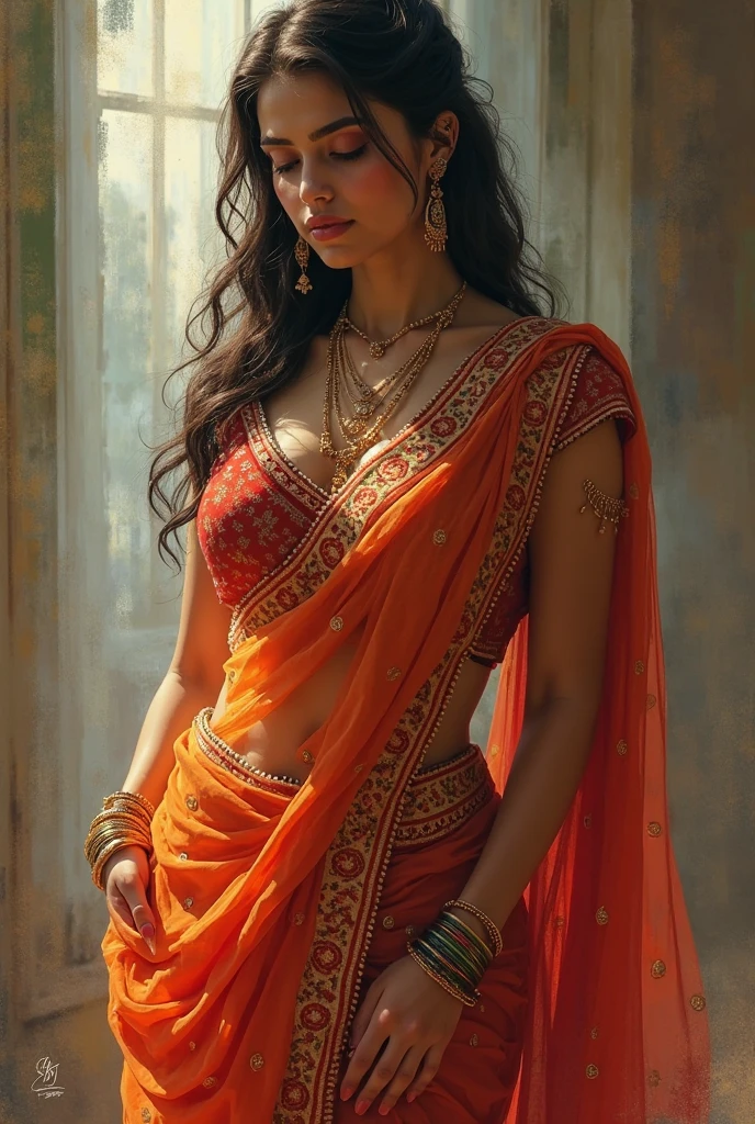 Hot dusky girl in half saree showing Cleavage & navel with belly button
