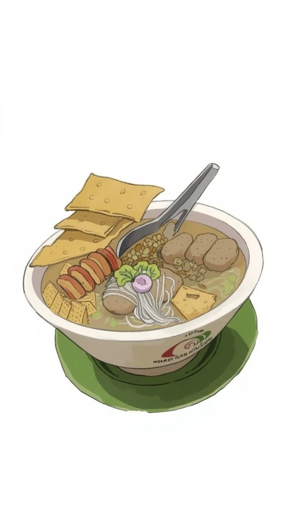 This image is a stylized illustration of a bowl of Bakso, a popular Indonesian meatball soup. Let's analyze its visual aspects and potential uses:
Visual Aspects:
Style: The style is illustrative, with a slightly painterly or textured feel. It's not photorealistic; the artist uses visible brushstrokes or a technique that mimics painting, giving it a slightly rough, hand-drawn feel. The colors are relatively muted and realistic.
Color Palette: The color palette is warm and earthy, using browns, yellows, and greens, reflecting the natural colors of the ingredients. The colors are not overly saturated, giving it a more realistic feel compared to a cartoonish style.
Composition: The composition is straightforward. The bowl of Bakso is the central focus, presented at a slight angle to showcase its contents. The green base adds a pop of color and enhances the overall presentation.
Subject Matter: The subject is clearly a bowl of Bakso, showing various components like meatballs (bakso), noodles, fried tofu (tahu goreng), and crackers (kerupuk). The bowl itself has a traditional Indonesian design.
Overall Impression: The image is appealing and effectively communicates the essence of Bakso. The slightly rough texture adds a touch of character, and the muted colors give it a realistic feel.
Potential Interpretations:
Indonesian Cuisine: The image strongly evokes Indonesian cuisine and culture.
Comfort Food: The visual presentation suggests a comforting and satisfying meal.
Authenticity: The style and details aim for a sense of authenticity.
Potential Uses:
Restaurant Menus: This illustration would be suitable for menus of Indonesian restaurants or cafes offering Bakso.
Recipe Websites/Blogs: It could be used on recipe websites or blogs featuring Bakso recipes.
Travel Blogs/Guides: It could be used in travel blogs or guides about Indonesian food.
Cookbooks: It could be used in cookbooks featuring Indonesian cuisine.
Marketing Materials: It could be used in marketing materi