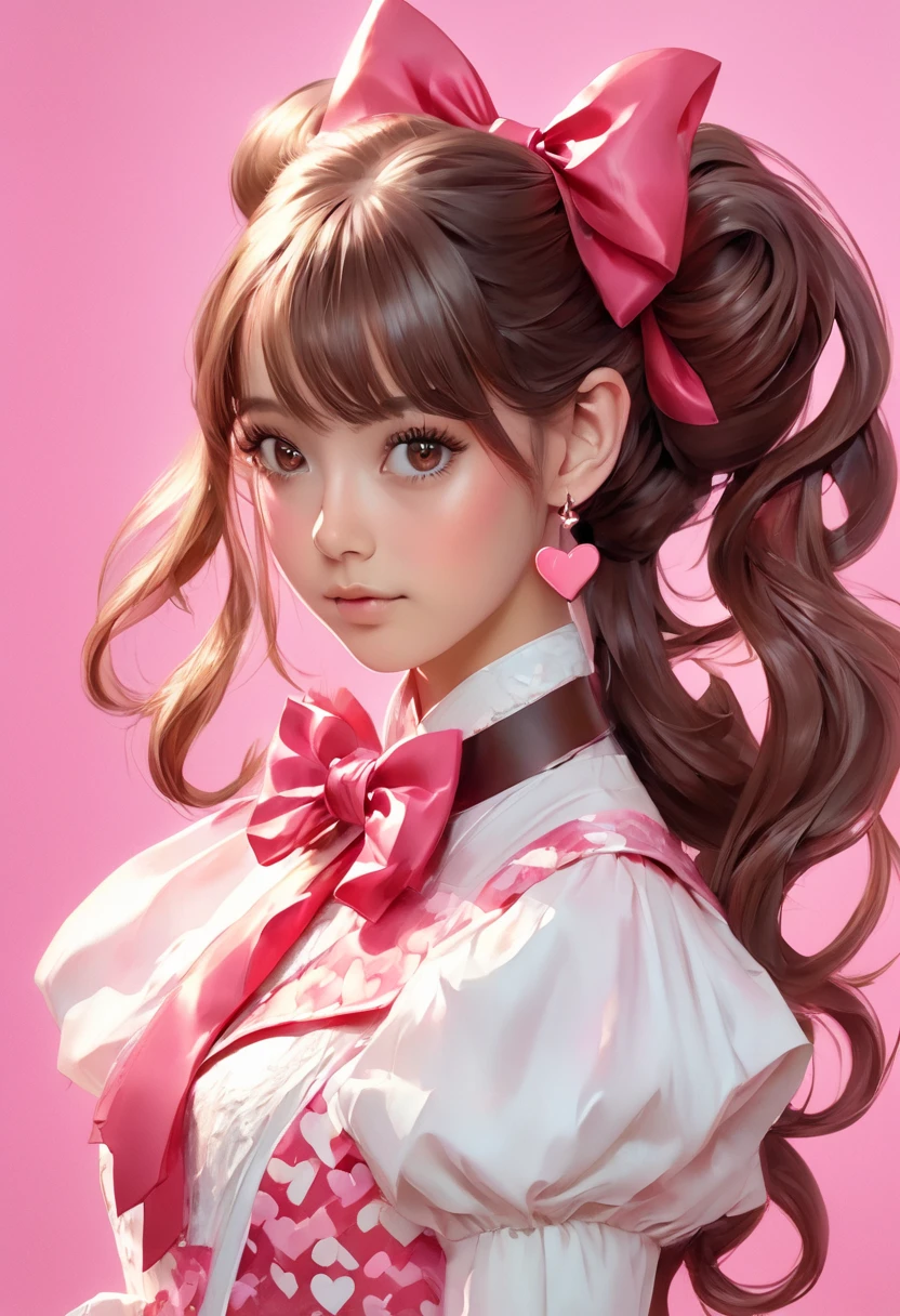 1girl, solo, long hair, blush, bangs, blue eyes, black hair, bow, accessories, shut up, upper body, hair bow, heart, headband, earrings, focus, eyelashes, pink bow, heart shaped earrings