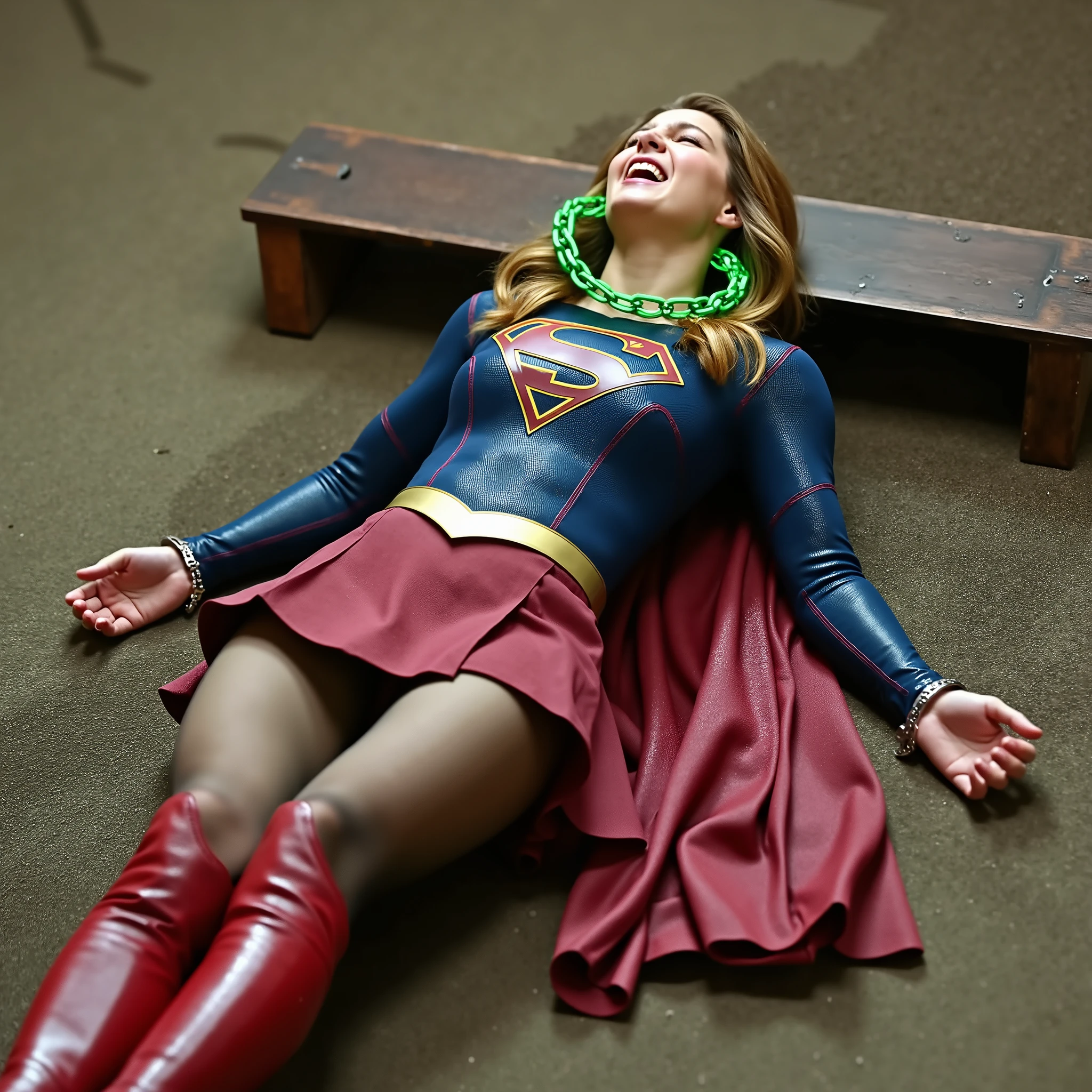 Melissa Benoist as Supergirl, the Supergirl lie flat on the ground, her hands is handcuffed behind her back with chain, a green lighting chain around her neck, She is wearing a Supergirl costume with red skirt, pantyhose and red knee height boots, she is screaming in pain, bright spotlight focus to her body, in the jail,
