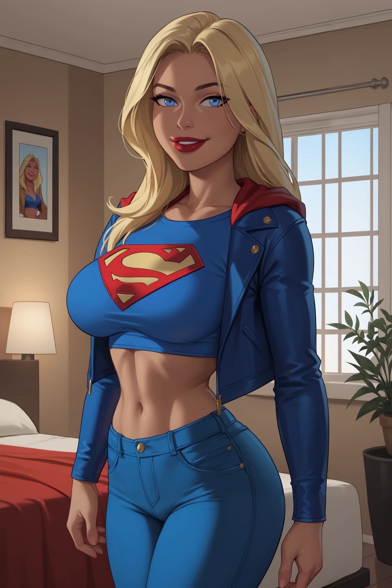 (platinum blonde hair), Digital illustration, cover comic in 1990s  style marvel comics, VFX , digital drawing,  (Melissa benoist face),sitting on a chair in a room, instagram model, Thick and shapely thighs and legs,  ((under boob:1.2)), blue school skirt in, model, hot girl, art style in  the characteristic style of the artist Artgerm, and his most epic comic covers to Marvel comics, red cape, blue skirt, (white shirt), navel exposed, (slendered abs:1.4), 