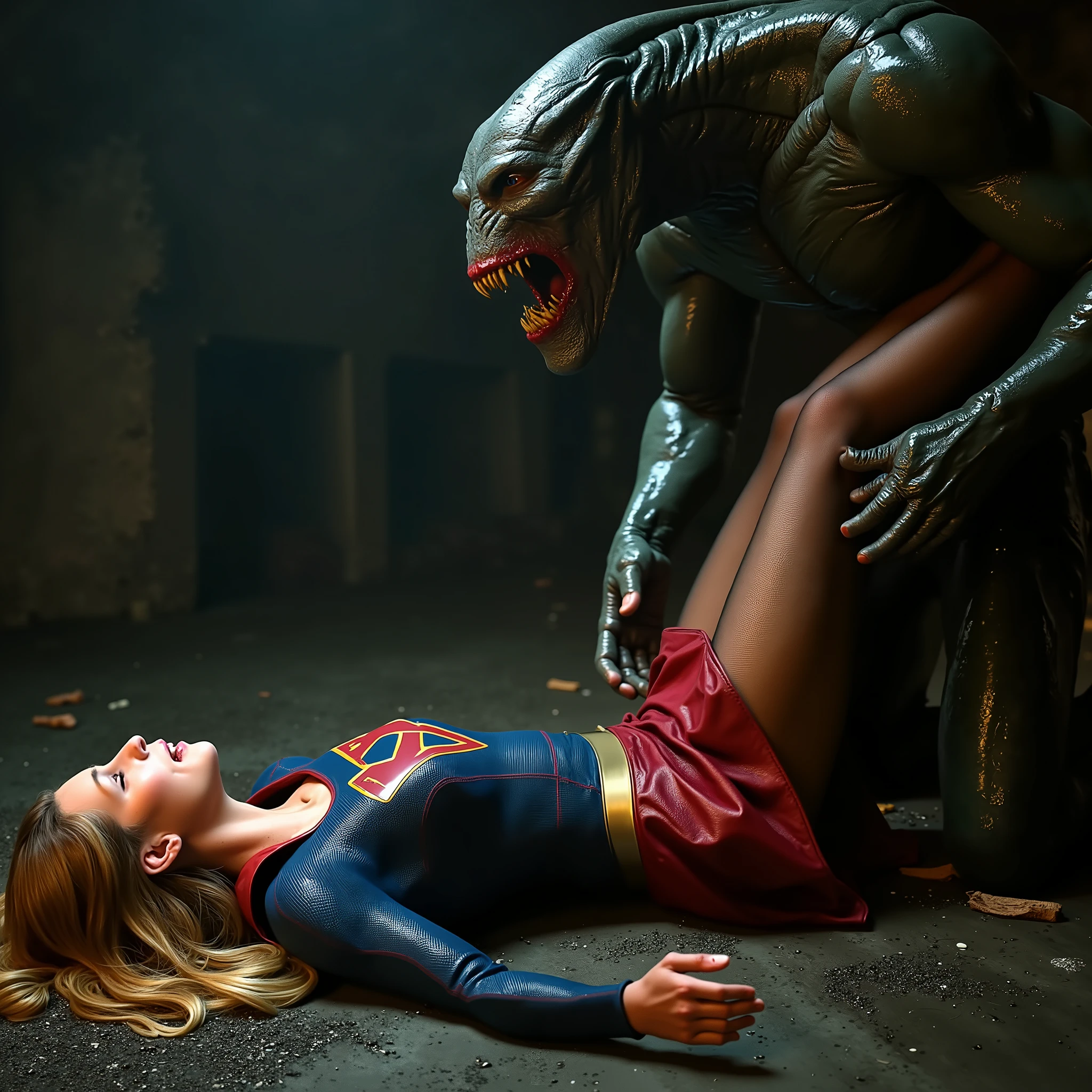 Supergirl is raped by an alien monster, very bright white skin, her legs are wide out, can see whole body, She is wearing a thin black pantyhose, short red skirt, red knee height long boots, blonde hair, She is unconscious, eyes close, seriously injured, painful, a fierce Alien Monster kneeling attach to Supergirl between her legs, he spread her legs out and kneeling between her legs, photorealistic, hyperrealism, night time, underground cave,