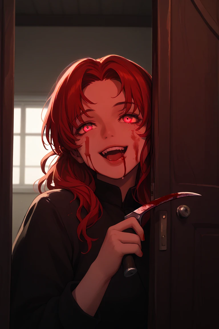 Yandere shampoo broking through a door with an axe, facing the camera, blood on face, Yandere smile, laughing, holding a big buthcer knife dripping with blood