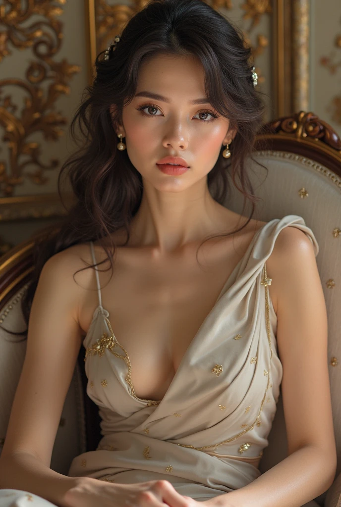 A stunning, masterpiece-quality depiction of a beautiful girl with mesmerizing brown eyes. Shot in a modelshoot style, she poses confidently against a serene background, her features illuminated by soft, natural light. The frame is filled with intricate details, showcasing her intricate jewelry and clothing. The photorealistic painting, reminiscent of Ed Blinkey's work, is rendered in extreme detail, akin to a 8K wallpaper. Her portrait seems to leap off the page, as if painted by Antonio Moro or Greg Manchess. With sharp focus and dramatic lighting, this artwork is a true masterpiece, trending on both ArtStation and CGSociety.