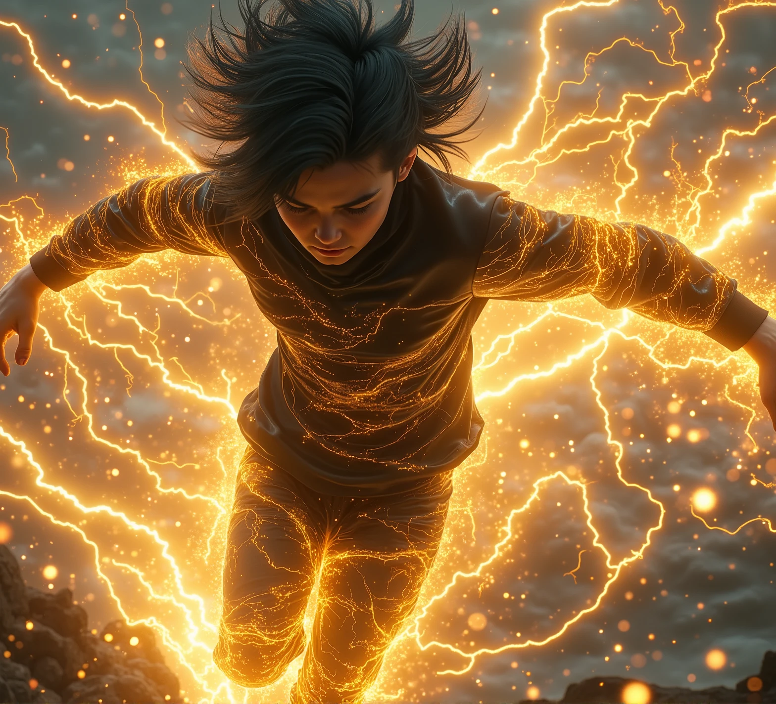  score_9,  score_8_arriba,  score_7_arriba, ,  score_chico  flying sobre el cielo _flying, golden electricity, Heavens,  Wind waves,  flying, In wind, a _ young black-haired boy_ boy full of electric energy,  flying en el cielo a, in the background a storm , hello they make while running_or skate.dementia, masterpiece, anatomically correct,   Precise, Detail, quality, Heavens por todos lados y en su cuerpo , wearing a black sweatshirt,  and black pants , bright and electric gold-colored eyes BLUE-EYED MAN WITH GOLD AND BLACK RAYS AROUND HIS BODY GESTURES LONG, STANDING GOLDEN HAIR, like Saiyan , GOLD SAIYAN and RED ELECTRIFIED BLOOD RED GOLD AND RED, your hair shines in gold and red,  Shiny hair, golden light all over his body, powerful red-black aura all over his body_aura red black_todo su cuerpo está cubierto de un aura
a  cortó la cabeza de un fantasma con la espada y el niño lleva un traje de superhéroe y el color de su espada es rojo con rayos 
a ******* boy with lightning powers and with a katana that merges with a raijū . more futuristic 
