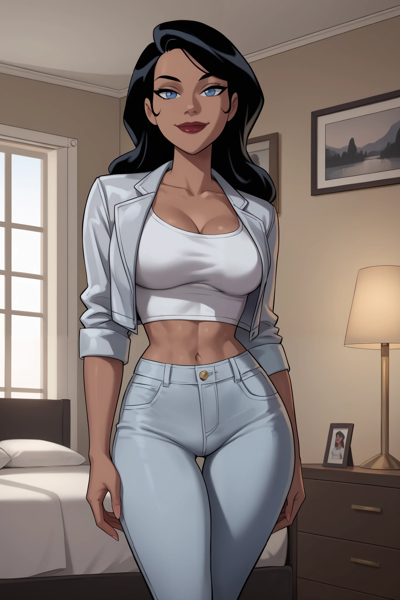 PonyXLV6_Scores BREAK ((parody) perfect anatomy, perfect eyes, cowboy shot), BREAK zatanna zatara, long hair, black hair, dark-skinned female, blue eyes, red lipstick, ((looking at viewer)), long hair, silver jeans, large breasts, curvy, toned, athletic, bedroom, silver crop top, indoors, smile, closed mouth, happy expression, standing, silver leather jacket, open jacket