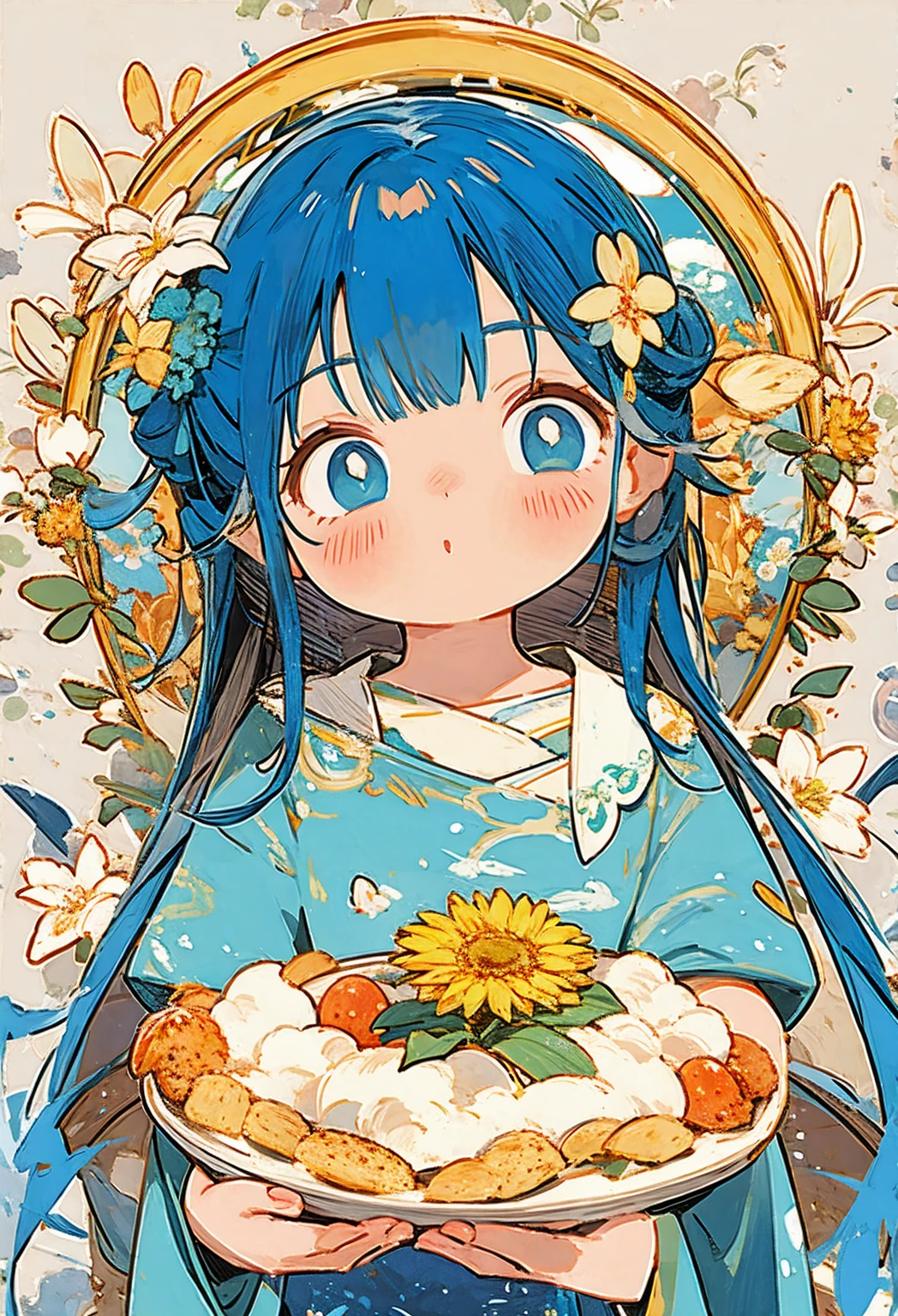 photoRealstic、Nendroids in wedding dress standing in front of the painting、A smile、watercolor Nendoroid、(High Definition Figure)、Flowing iridescent silk、up of face、Eye Up、Colorcon with heart pattern、Floral dress、There are also flowers in front of the nendroids、flower petals、season!!: 夏天☀ 🍂