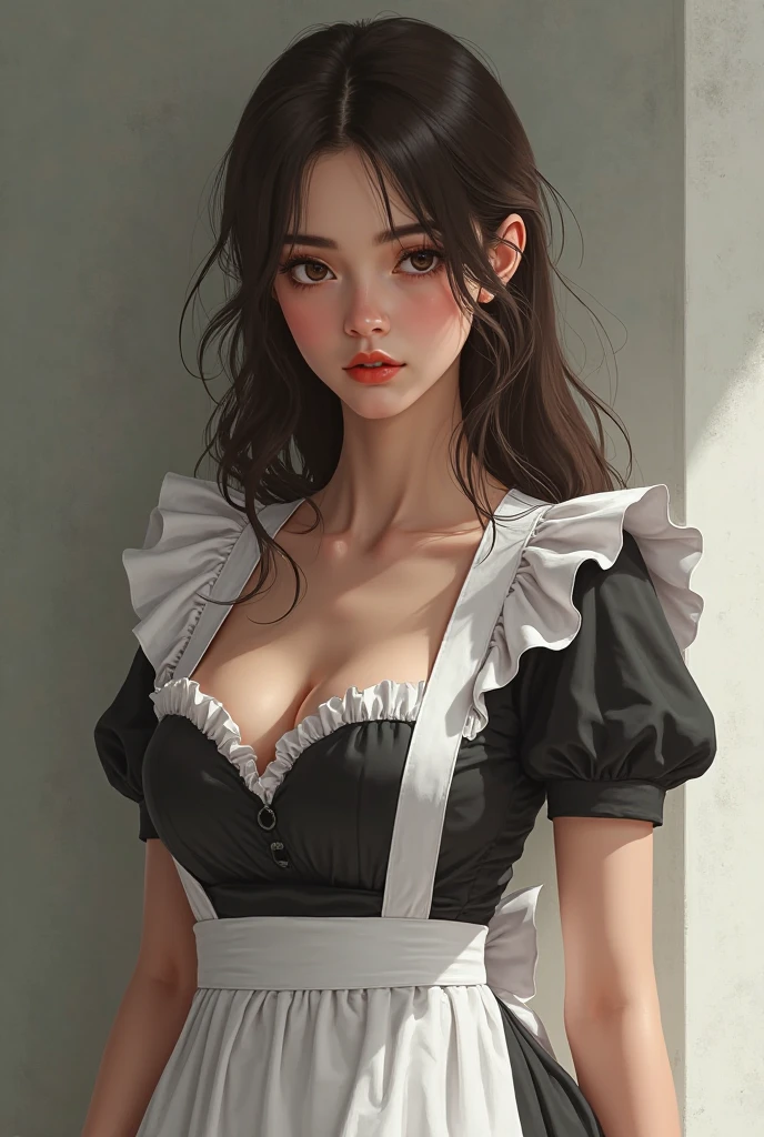 (masterpiece:1.2, Highest quality), (Realistic, photoRealistic:1.4), Beautiful illustrations、Bow tie staring at the audience,Front view, (((Maid clothes with wide open chest))) 30 years old、Perfect Face, Cute symmetrical face, Shiny skin, Random hairstyle、Big eyes, Droopy eyes, Long eyelashes、Beautiful thighs、Tall and beautiful hair, Beautiful Face, Beautiful and beautiful eyes, Beautiful clavicle, Beautiful body, Beautiful breasts, Beautiful thighs, Beautiful legs, Beautiful fingers, ((High-quality fabric)), (Beautiful views),(business office background), Are standing, (smile), (((Skirt flip, Panties are visible)))