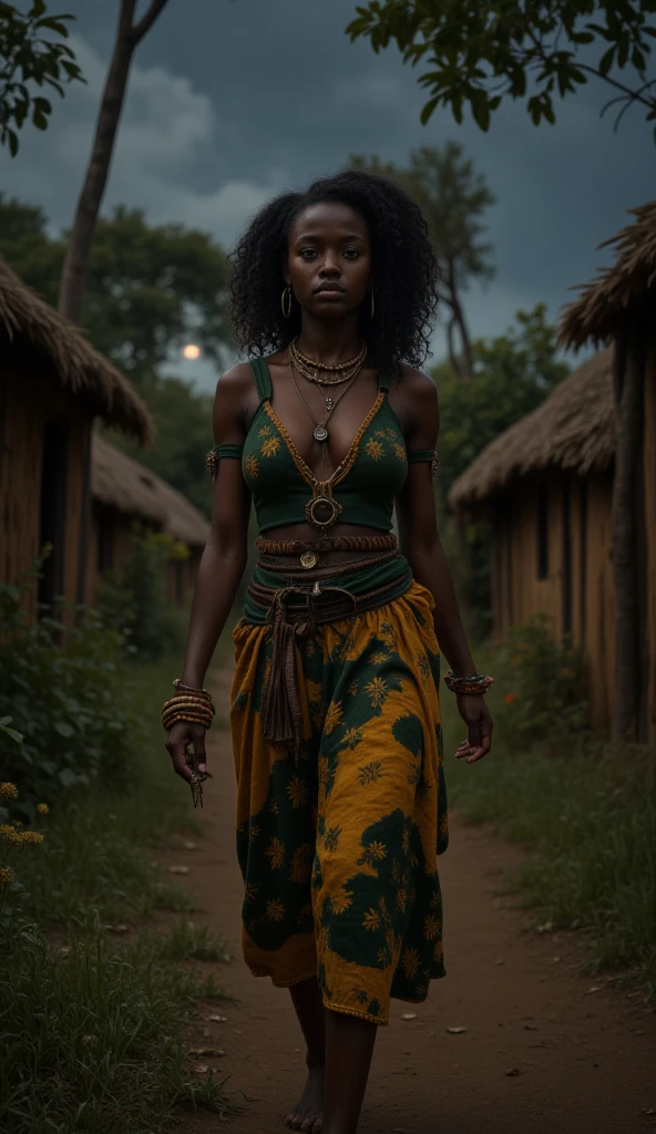 Black and white colour grading of a scene, in which a beautiful african woman dressed in african clothes,only african designed tattoos on her face and hands in green colour, the whole scene in black and white except the leaves and african marks in green, standing in a forest with leaves falling like autumn, chiaroscuro effect,  32k, ultra HD, unreal engine rendered, hyperrealistic image, cinematic lighting, beautiful and ethereal visuals. 