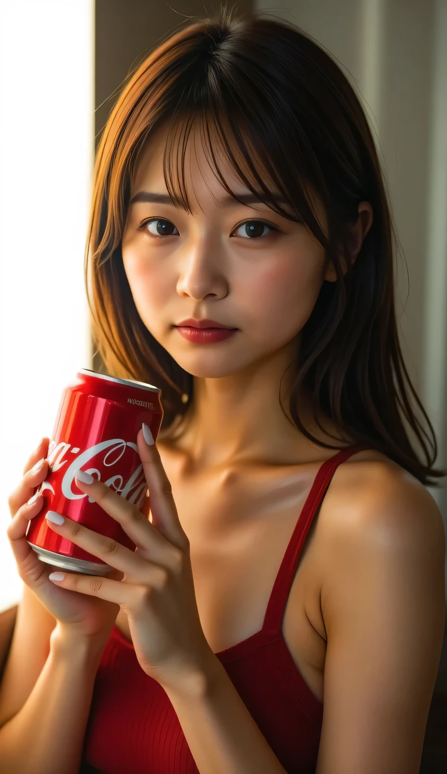 18 Year Old Japanese Woman, Photographs Full of Realistic Realism, In front of the bright light :1.21, from side:1.5, Woman lying , Extreme Closeup, elegant beautiful Japanese woman holding a can of Coca Cola, Rim Lighting , Backlit Realistic, 缶のコカ・コーラを持つ, The ratio is accurate in terms of human body structure :1.331, small head :1.331, slim body:1.331, thin waist:1.331, thin hands and feet:1.331, flat chest:1.331, White nails, masterpiece, Highest quality, perfect configuration, proper placement in office clothes, Movie Lighting, light brown hair , medium hair,