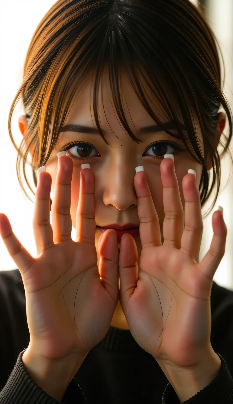 18 Year Old Japanese Woman, Photographs Full of Realistic Realism, In front of the bright light :1.21, from side:1.5, Extreme Closeup, elegant beautiful Japanese woman holding a can of Coca Cola, Rim Lighting, Backlit Realistic, Open your palm to hide your entire face , White nails, Eyes between fingers , masterpiece, Highest quality, perfect configuration, proper placement in office clothes, Movie Lighting, light brown hair , medium hair,