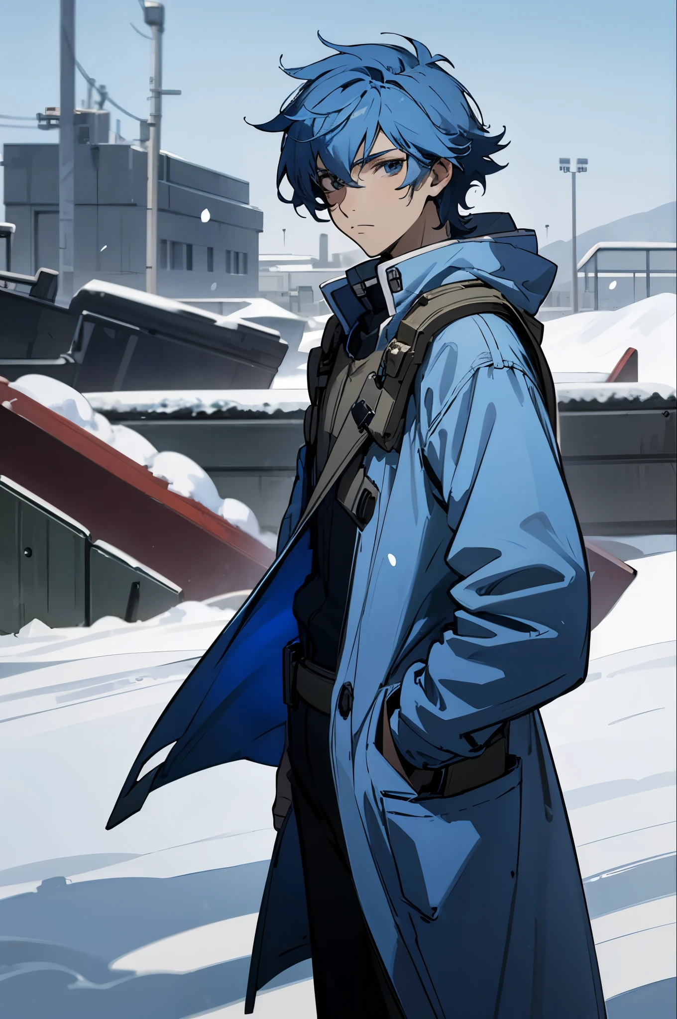best quality, masterpiece ,good quality
1boy, solo male, male focus, light blue hair, coat, goggles, looking at viewer, outdoors, snow, Army Base Background.